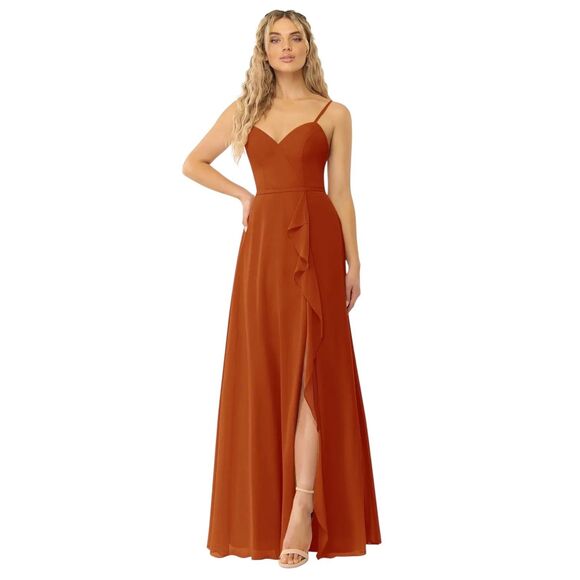 Azazie Naeem A 10 Bridesmaid Dress, Paprika Flowy Chiffon Leg Slit Ruffle A-Line - Picture 1 of 16